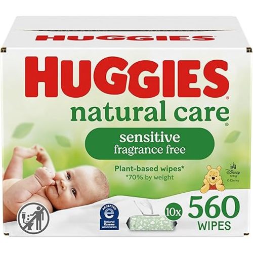 Huggies Natural Care Sensitive Baby Wipes, Unscented, Hypoallergenic, 99% Purified Water, 10 Flip-Top Packs (560 Wipes Total)