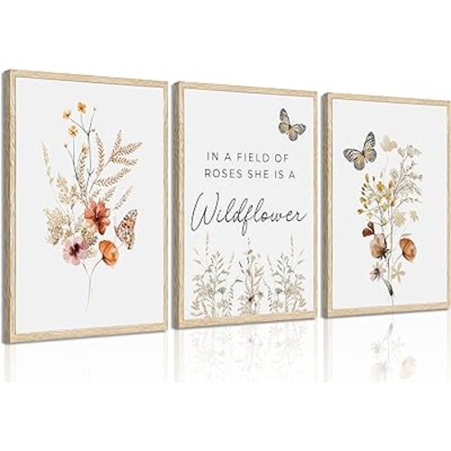 3 Pcs Watercolor Flowers Wall Art In A Field Of Roses She Is A Wildflower Painting Picture Wall Decor Boho Butterfly Wildflowers Poster Print Artwork for Nursery living room Bedroom Home Decoration