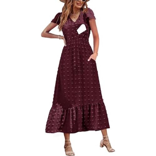 Women Nursing Boho Maxi Dresses Cap Short Sleeve V Neck Swiss Dot High Waisted A-Line Ruffle Tiered with Pockets