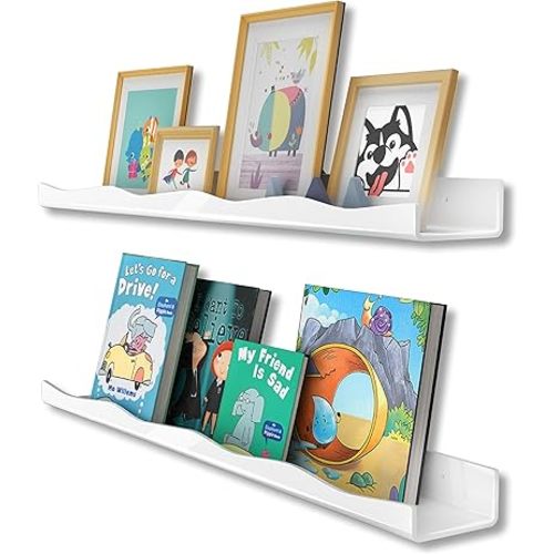 YMVV 35.4 Inches White Acrylic Floating Bookshelves,Kids Room Wall Display Bookshelf, Wall Mounted Floating Thickened Ledge Book Shelves Toy Display Organizer Decor 2 Pack