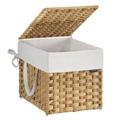Foldable Laundry Hamper with Lid and Removable Liner, 9.5 Gallon Synthetic Rattan Basket for Small Spaces, Goose Yellow