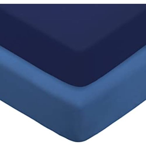 POSENPRO 2 Pack Microfiber Fitted Crib Sheets for Baby Boys Girls, Cozy & Soft Solid Color Toddler Bed Sheets for Standard Crib and Toddler Mattresses, 28"x52"x8", Navy Blue & Stone Blue