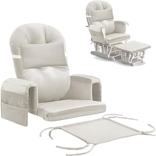 MABOZOO 6 PCS Glider Rocker Replacement Cushions with Storage Side Pocket,Foam & Microfiber Filling, Non-Slip & Washable,Thickened & Supportive Velvet Rocking Chair Cushion Set(Beige)