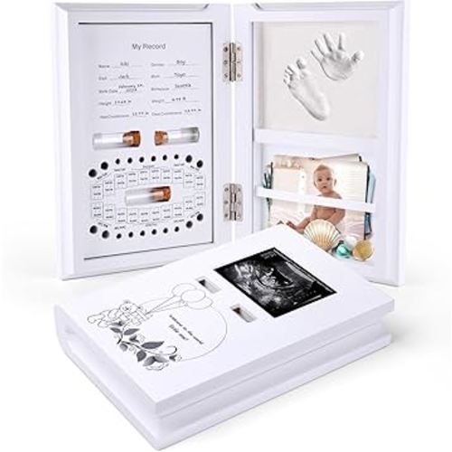 Baby Memory Book, Wooden Keepsake Box for New Parents, Baby Shower Gifts for Girls Boys, Multipurpose Frame Kit Collection Newborn Handprint Footprint, Ultrasound Picture, Tooth and Photo Albums