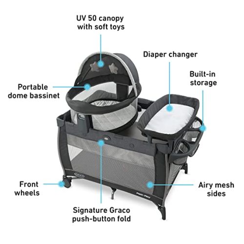 Graco Pack n Play Dome LX Playard with Baby Bassinet, Lightweight Portable Crib, Push-Button Fold Travel Crib, Redmond, Convertible - 27x28.5x37 Inch (Pack of 1)