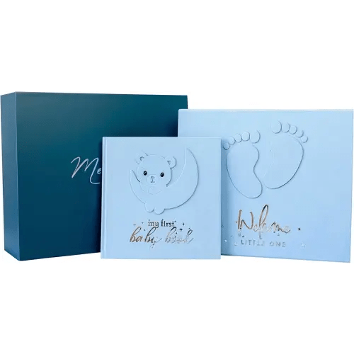 Handmade Baby Memory Book, Scrapbook AND Photo Album with Keepsake Box, Hand & Footprint Kit included, Baby's First Year, Journal, For Newborn 0-12 Months (Teddy Bear Boy, Blue)