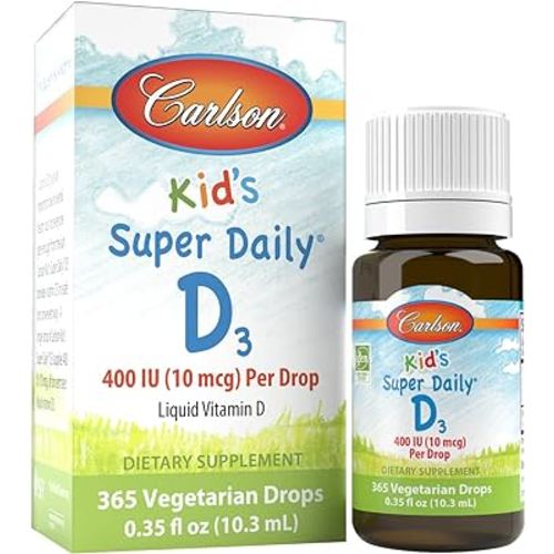 Carlson - Kid's Super Daily D3, Kids Vitamin D Drops, 400 IU (10 mcg) per Drop, Heart & Immune Health, Vegetarian, Liquid Vitamin D Drops, Unflavored, 365 Drops