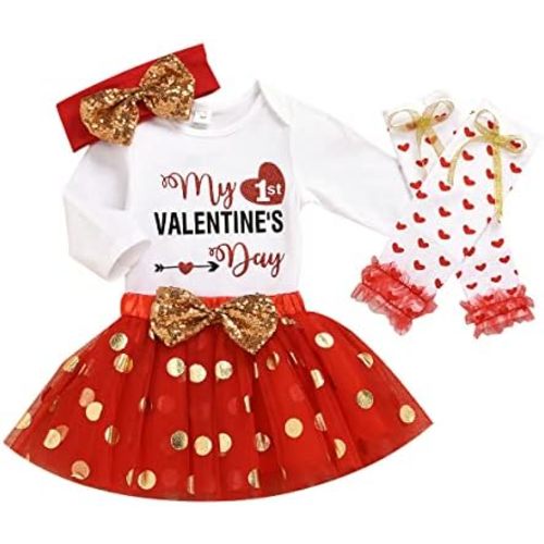 XFGLCK Newborn Baby Girls Valentine Outfit Letter Print Bodysuit Romper +Tutu Skirt +Leg Warmers+ Headband Clothes Set