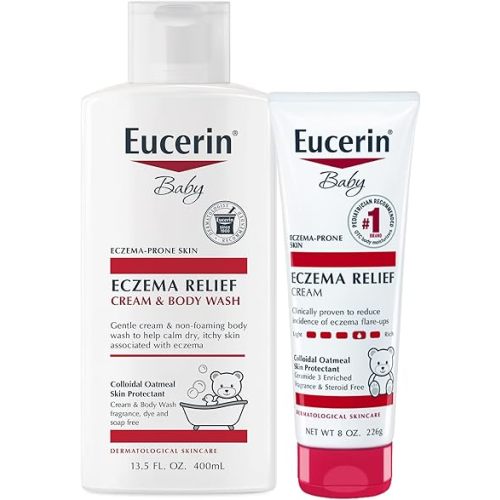 Eucerin Baby Skin Care Set for Eczema-Prone Skin with Colloidal Oatmeal (Skin Protectant), Fragrance Free, Baby Eczema Relief Cream and Body Wash, 13.5 Fl Oz Bottle + Baby Eczema Cream, 8 Oz Tube
