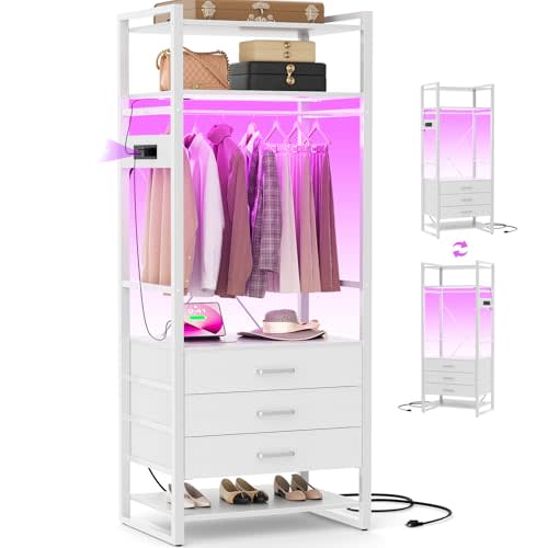 Cyclysio 75 '' Tall Garment Rack with 3 Fabric Drawers, 4-Tier Clothing Rack with Power Outlets & LED Lights, Closet System with Shoe Rack & Shelves for Small Spaces, White