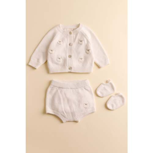 Knitted Little Lambs Cardigan and Short Set – Oat & Marl