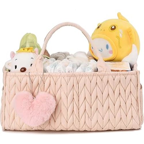 I IHAYNER Baby Diaper Caddy Cotton Rope Nursery Storage Bin and Car Organizer for Diapers and Wipes with Cute Pom-Pom Pink