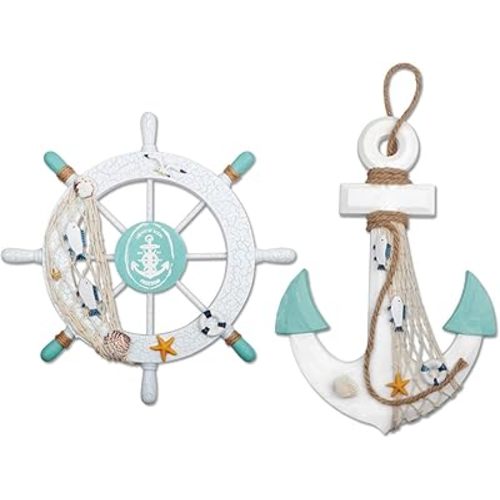 2 Pack 11" Nautical Beach Wooden Ship Wheel and 13" Wood Anchor with Rope Nautical Boat Steering Wheel Rudder Anchor Wall Decor Door Hanging Ornament Beach Theme Home Decoration(White&Green)