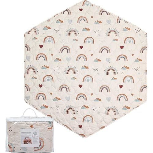 Hexagon Playpen Mat 59inch Compatible with POP 'N GO Baby Playpen and California Beach Co Playpen, 59 Inch Hexagon Mattress Pad, Non Slip and Cushion Play Mat Boho Rainbow (59 inch 6-Panel)