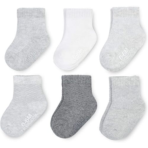 Fruit of the Loom Baby 6-Pack All Weather Crew-Length Socks, Mesh & Thermal Stretch - Unisex, Girls, Boys - 0-6 Months - Grey