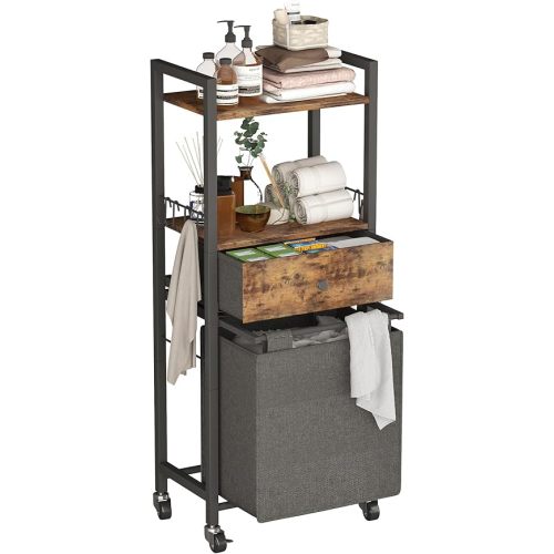 2 Tiers Laundry Hamper with Fabric Drawer and 2 Wooden Shelves, Laundry Basket with Removable Bag and 8 Storage Hooks, Laundry Sort with Divided Bag for Laundry Room, Bathroom, Bedroom, Dorm