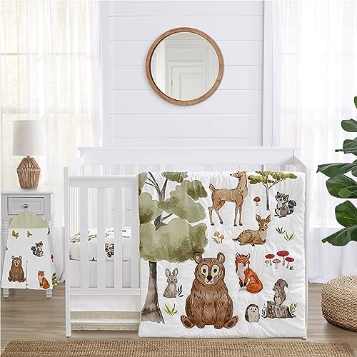 Sweet Jojo Designs 4-Piece Baby Crib Bedding Set (Woodland Animals) for Boys or Girls, Infants/Nursery incl. Blanket, Fitted Sheet, Skirt, Diaper Stacker (Neutral Theme, Forest Animal, Bear, Hedgehog)