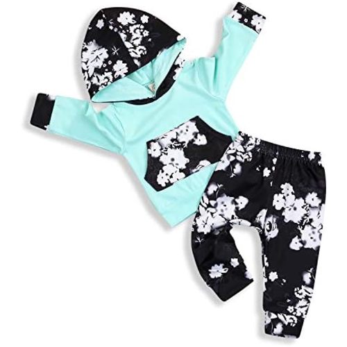 HAPPYMA 2pcs Infant Toddler Baby Girl Long Sleeve Sweatshirt Kangaroo Pocket Floral Hoodie Tops Pants Fall Winter Clothes Set