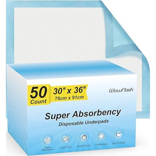 Wowflash Super Absorbency Disposable Leakproof Underpads with Quick Drying for Baby, Adults, Puppy, Dog Bed Pee Pads, Extra Large, XXL Incontinence Pads, 30” x 36”, 50 Count