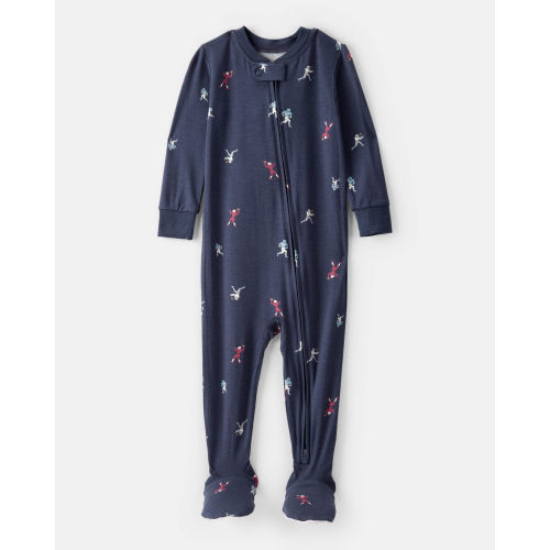 Baby Boy Football Print PurelySoft Long-Sleeve 2-Way Zip 1-Piece Pajamas - Navy Blue - Carter's | Carter's