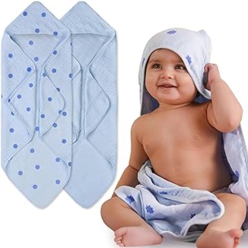 Hands-Free Hooded Towel 100% Organic Premium Muslin Cotton, 30" x 30", Ultra-Absorbent, Soft, Breathable, Hypoallergenic, Multipurpose, Gifts for Babies & Infants, Pack of 2