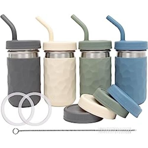 WeeSprout 2-in-1 Drinking Cups for Kids, Durable Stainless Steel Tumbler for Smoothies, Silicone Straws with Stoppers, Premium Plastic Twist Lids, Easy-Grip Sleeves, Set of 4 Dishwasher Safe Kid Cups - 12 oz - Matte Green, Off White, Blue and Dark Gray