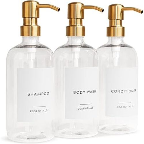 Stylish Shampoo and Conditioner Dispenser Set of 3 - Modern 21oz Shower Soap Bottles with Pump and Labels - Easy to Refill Body Wash Dispensers for an Instant Bathroom Decor Upgrade Clear