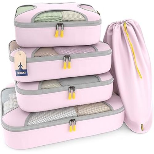 Shacke Packing Cubes for Travel 5 Set - Premium Luggage Organizer Bags - Versatile Travel Organizer for Women and Men - Optimized Packing Bags - Travel Essentials (Petal Pink)