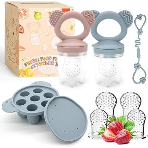 2 Pack Silicone Baby Food Feeders + Mini Freezer Tray for 4 Months+ Infant Solid Food Safe Self Feeding, BPA Free Breastmilk Popsicle Teether Set for Soothe Teething (Blue+Pink)