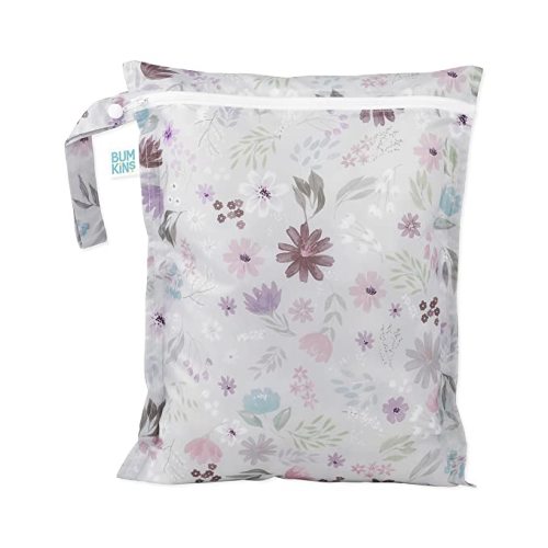 Bumkins Waterproof Wet Bag for Baby, Travel, Swim Suit, Cloth Diapers, Pump Parts, Pool, Gym Clothes, Toiletry, Strap to Stroller, Daycare, Zipper Reusable Bag, Wetdry Packing Pouch, Florals Gray