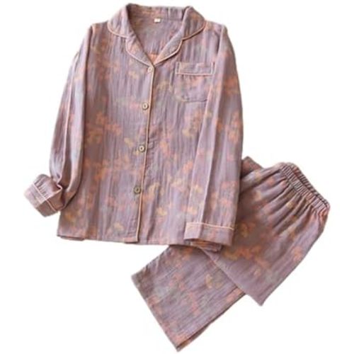 Vintage Leaf Cotton Lapel Loungewear Set, Women's Long Sleeve Button Sleepwear Loungewear Pajama Set Two-Piece
