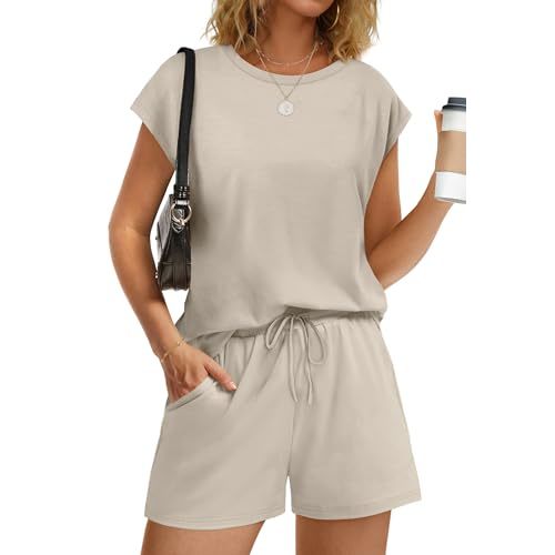 WIHOLL Two Piece Sets for Women Summer Crew Neck Lounge Short Sets Cap Sleeve Drawstring Sweatsuit with Pocket