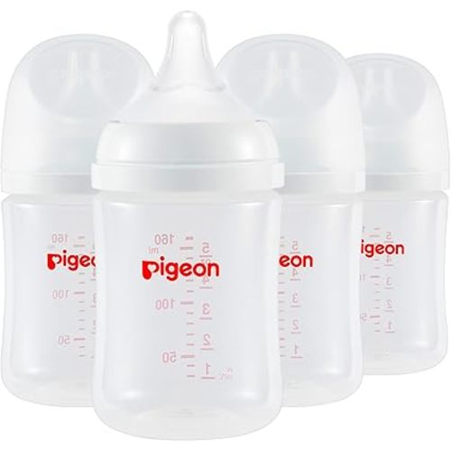 Pigeon PP Nursing Bottle Wide Neck, Streamlined Body, Natural Feel, Easy to Clean, 5.4 Oz(Pack of 4), Includes 4pcs SS Nipples (0m+)