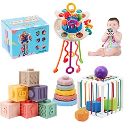 4 in 1 Baby Toys 6to12-18 Months, Pull String Baby Teething Toys, Stacking Building Blocks Infant Toys 3-6-9-12 M+, Color Shape Bin Sensory Toys, Montessori Toys for 1-3 Year Old Boy and Girl Gift