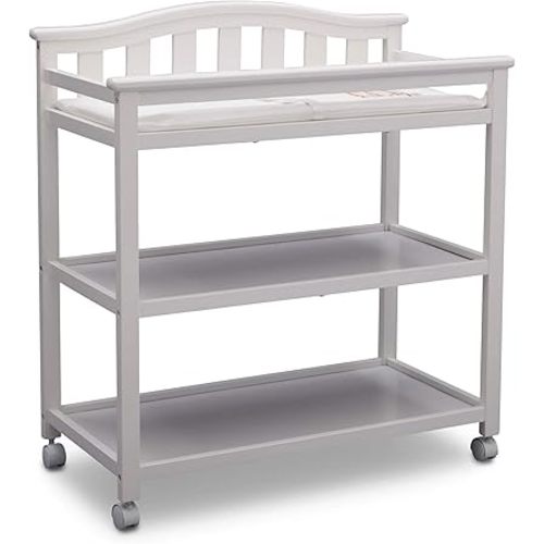 Delta Children Bell Top Changing Table with Wheels and Changing Pad, Greenguard Gold Certified, White