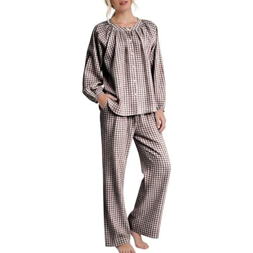 COZYPOIN Womens Gingham Pajama Set 2 Piece Cotton Plaid Button Down Puff Sleeve Shirt and Pants Lounge Set Cute Sleepwear