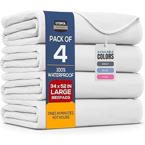 Utopia Bedding Washable Underpads 34" x 52" (Pack of 4), Waterproof Reusable Heavy Absorbency Incontinence Bed Pads for Adults, Kids, Elderly and Pets, Bedwetting Pads for Sofa and Couch (White)