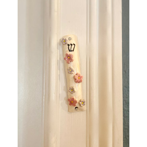 Handmade Flower Garden Mezuzah - pink and lavender flowers