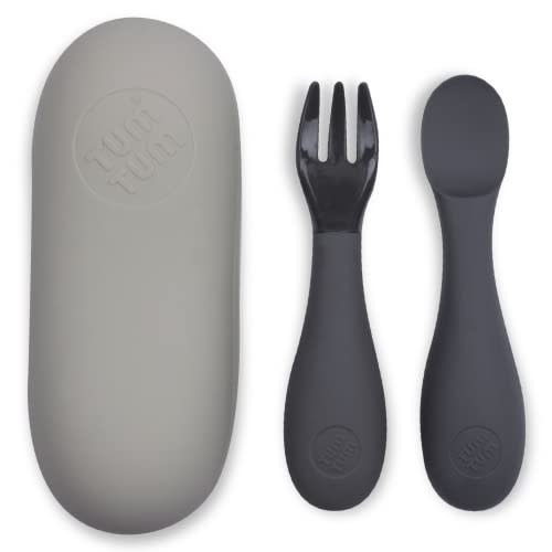 TUM TUM Baby Cutlery Set With Case, Spoon & Fork for Self Feeding, Silicone, 6 Months Plus (Grey)