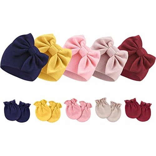 BQUBO Newborn Baby Girls Hats Mittens Set Hospital Hat Beanie Infant Bow Hats Baby Cotton Gloves for 0-6 Months