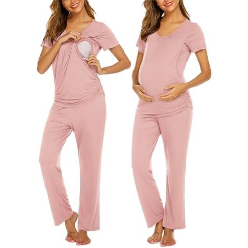 Ekouaer Women's Maternity Nursing Pajamas Set Breastfeeding Sleepwear Double Layer Short Sleeve Top & Pants Pregnancy PJS