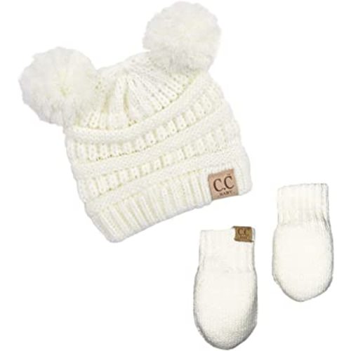 Funky Junque Knit Infant Double Pom Pom Beanie and Matching Fleece Lined Soft Mittens Set for Baby Newborn Boy Girl