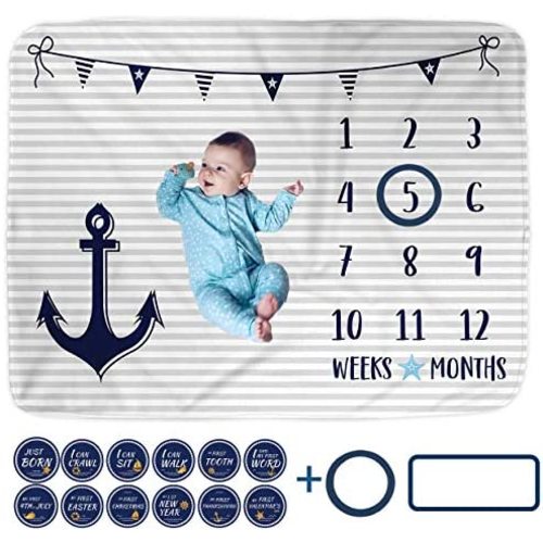 Baby Monthly Milestone Blanket with 12 Stickers, Calendar Months Boy Blankets, Growth Tracker, Newborn Photography Background Photo Prop, Striped Nautical Nursery Anchor, Shower Gift (50x40, Minky)