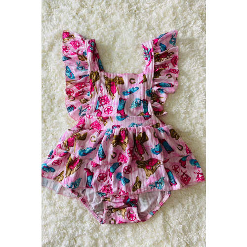Pink western print ruffle ribbed knitted fabric baby romper w/matching headband D1215-27