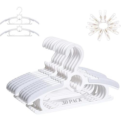 JSF 30Pcs Baby Hangers for Nursery Closet, Infant Hangers Extendable and Non-Slip for Newborn Toddler Kids Clothes,11"-14" Adjustable Children Coat Pant Hanger for Girl and Boy Nursery Grey