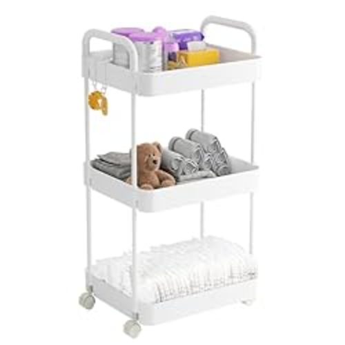 Baby Diaper Caddy Organizer, 3-Tier Movable Diaper Cart with Wheels, Newborn Essentials Must Haves, Diaper Caddy for Wipes & Baby Diapers, Baby Registry Search - Plastic White
