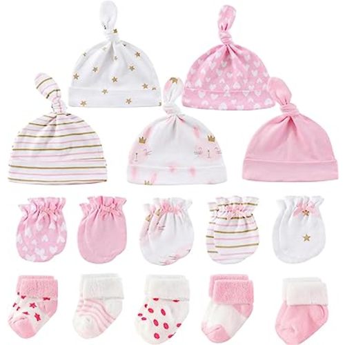 MAMIMAKA Baby Girls Caps Mittens and Thick Warm Socks Cotton Newborn Essentials Accessories (Hats+Gloves+Terry Socks),0-6 Months
