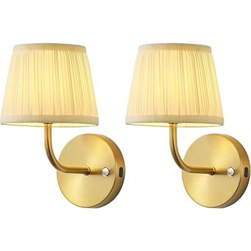 LED Cordless Gold Small Wall Sconces Set of 2, Rechargeable 5200mAh Battery Operated Fabric Wall Lamp with Remote, Lighting for Living Room, Bedroom, Hallway, Bathroom, Stairs, Kitchen, Cabinet