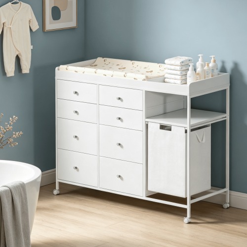 NBEETISM 8-Drawer Changing Table,Infant Diaper Changing Station with Drawers,with Open Shelf & Laundry Hamper,Baby Changing Table Dresser for Nursery, Easy Assembly (White)