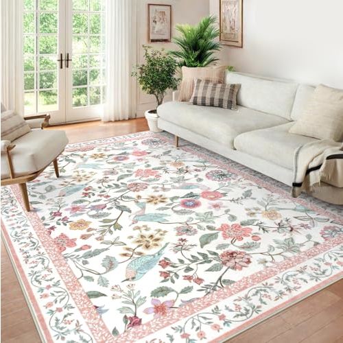 Rugalia Floral Washable 8x10 Area Rug for Living Room, Soft Pink Large Girls Bedroom Non-Slip Low Pile Flower Birds Dining Room, Botanical Floor Carpet for Kids Classroom Office